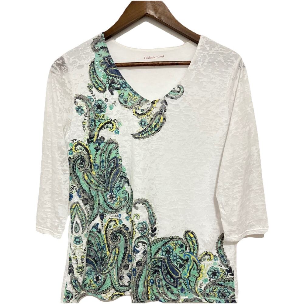 Coldwater Creek Womens Medium White Burnout Top Paisley Print 3/4 Sleeve Stretch